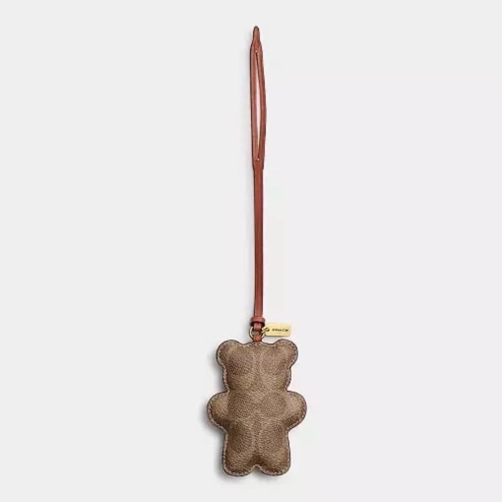 Coach Bear Puffy Bag Charm in Signature Canvas & Leather Brass/Tan/Caramel NWT